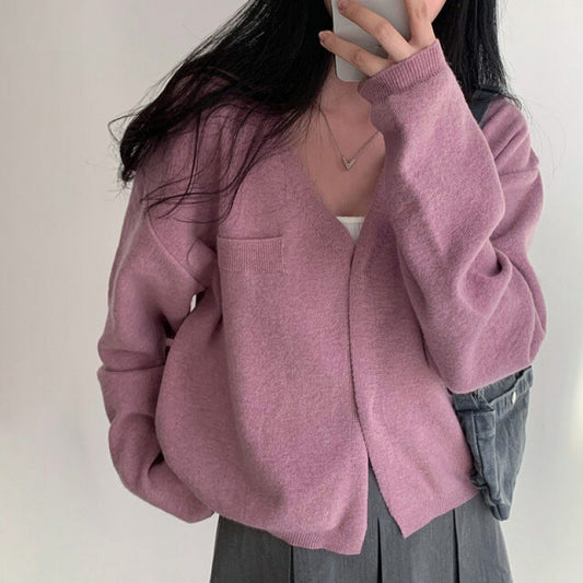 Idle Style V-neck Buckle Soft Loose All-match Long-sleeved Knitted Cardigan