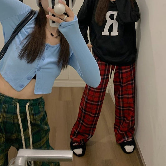 Women's Mop Drawstring Plaid Casual Pants