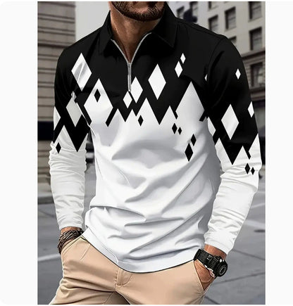Men's Long Sleeve Color Block Zipper Polo Shirt