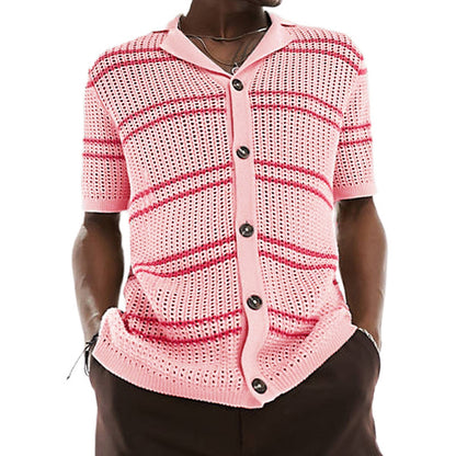 Men's Knitwear Lapel Short Sleeve Hollow Cardigan