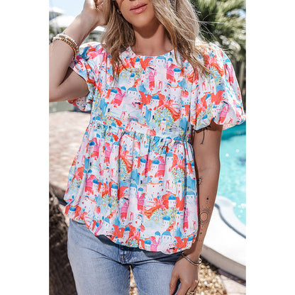 Women's Cute Contrast Color Stitching Round Neck Short-Sleeved Shirt