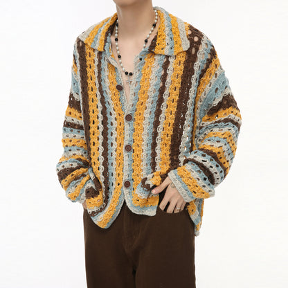 Rainbow Bar Contrast Color Hollow Knitted Cardigan