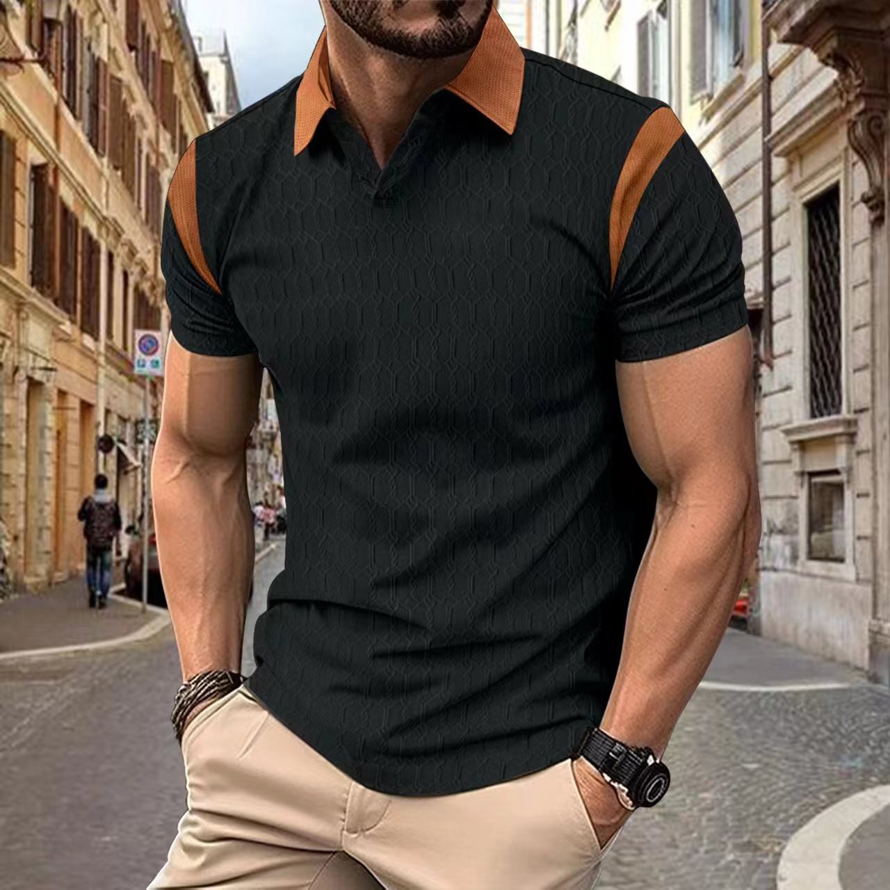 Men's Waffle Jacquard Solid Color Polo Shirt