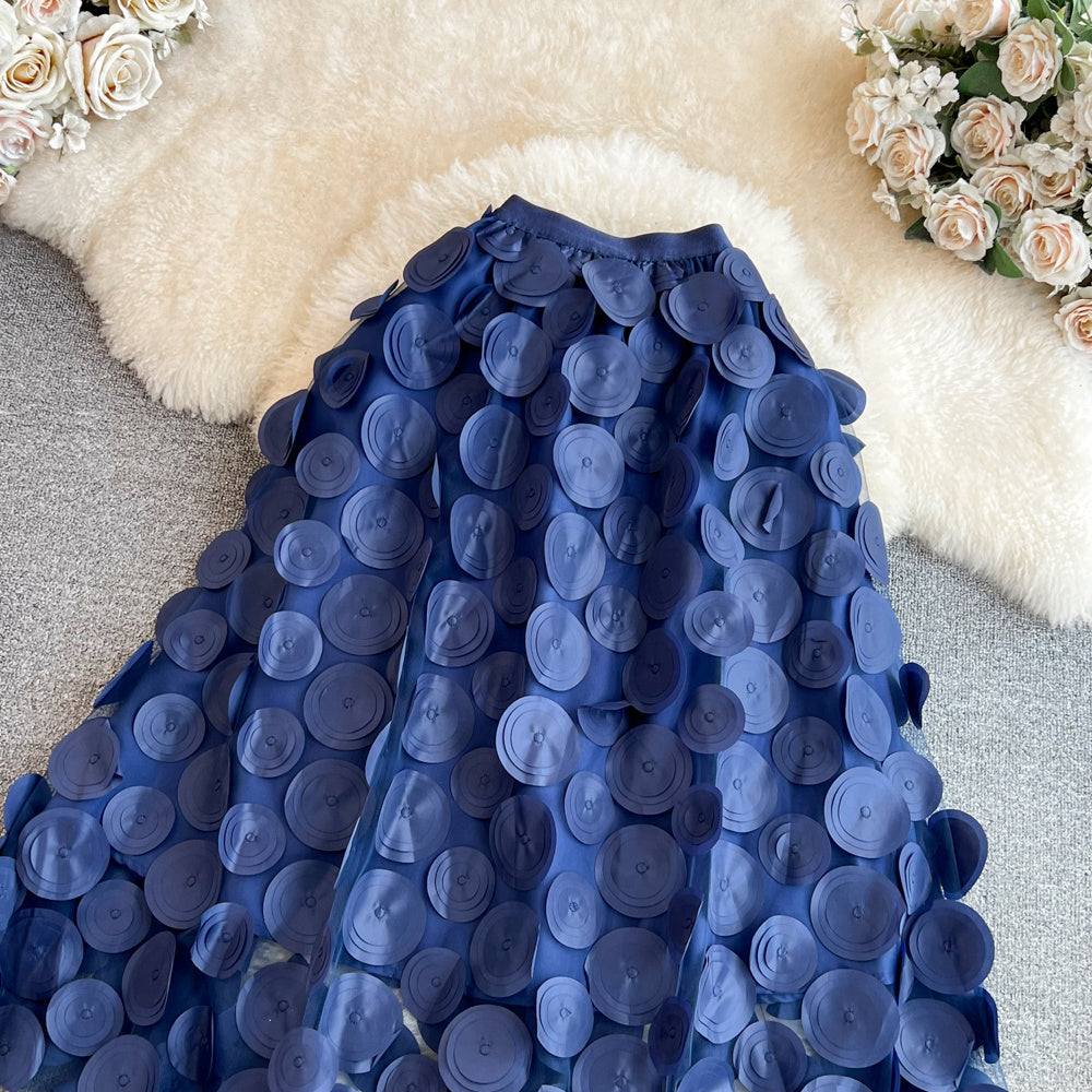 Retro High Waist Mid-length Three-dimensional Flower Mesh Skirt