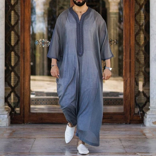 Thin Gray Linen Cotton Loose Muslim Robe
