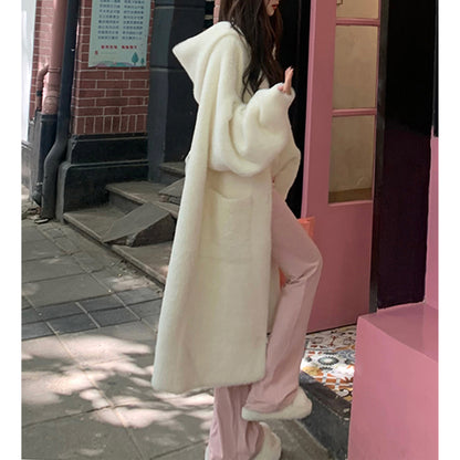 Women's Hooded Fur Cardigan, Thick Knit Handmade Spring Coat