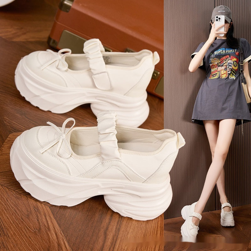 Mary Jane White Silver Sweet Bow Height Increasing Insole Women's Shoes