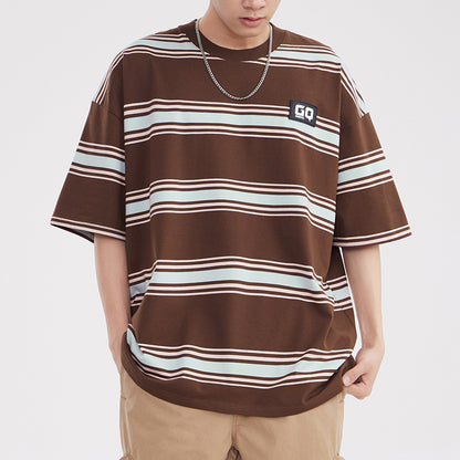 Vintage Stripe Niche Couple Loose Half Sleeve Top