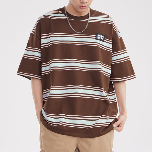 Vintage Stripe Niche Couple Loose Half Sleeve Top