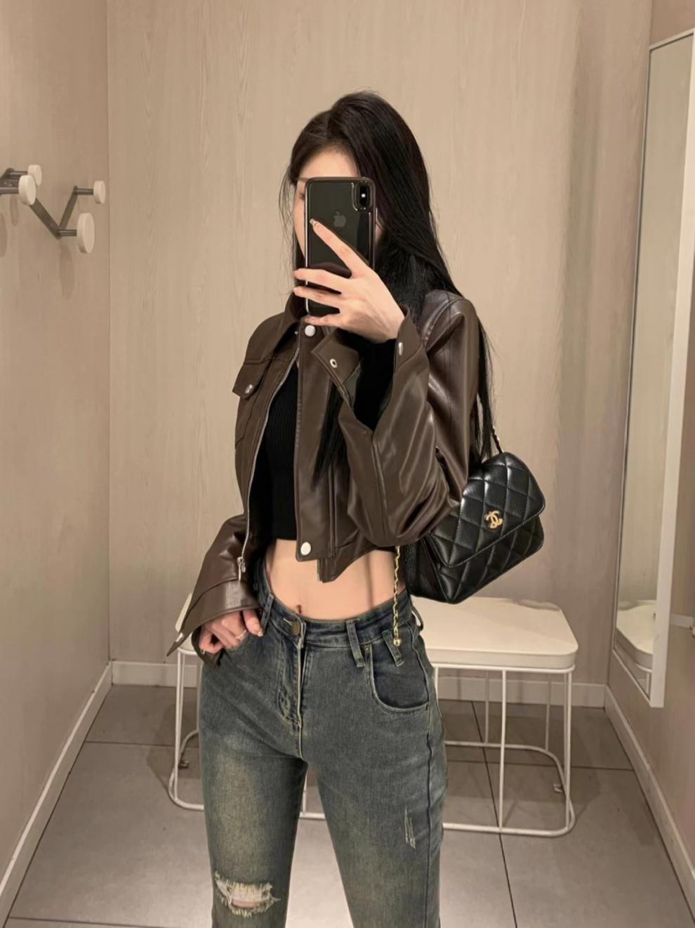 Retro Coffee Leather Moto Jacket