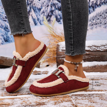 Women's Flat Lamb Wool Slippers Winter New Birkenstock Closed Toe Fluffy Shoes Lazy Cotton Slippers