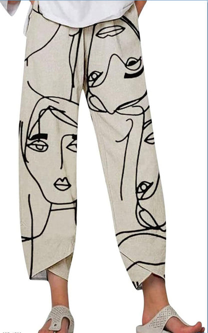 Slub Linen Loose Fashion Digital Printing Casual Pants