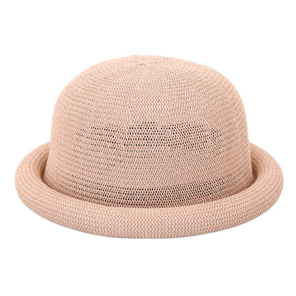 Women's Straw Yarn Curled Brim Round Crown Top Hat Leisure Basin Hat
