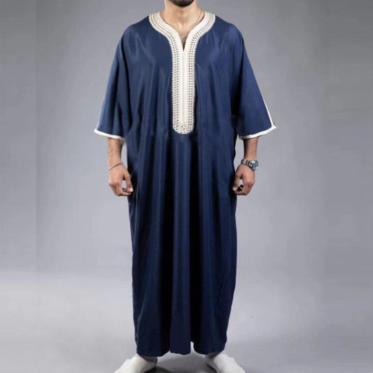 Arabic Robe Mid Short Sleeve Embroidered Navy Blue