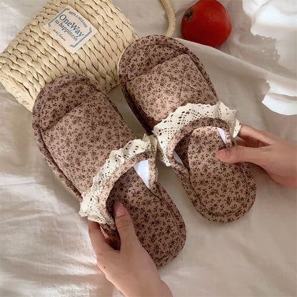 Home Style Vintage Floral One Word Four Seasons Universal Cotton Slippers Female