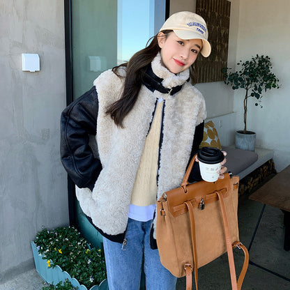 Patchwork Stand Collar Lamb Wool Motorcycle Coat