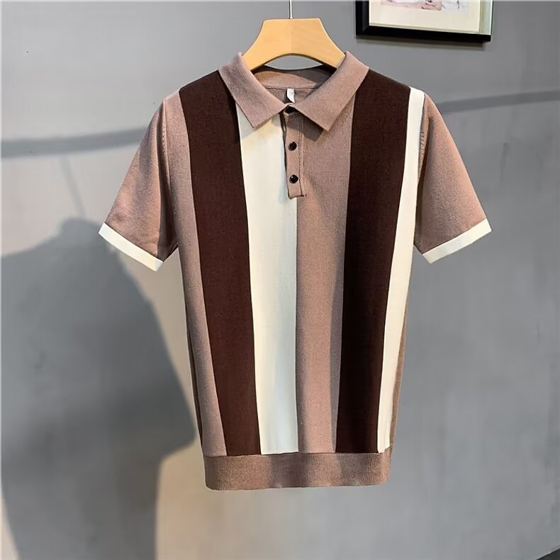 Short Sleeve Men's Vintage Stripe Zipper Shirt