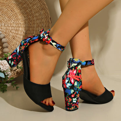 Women's Round Toe Hollow Ankle-strap Buckle Thick High Heel Sandals