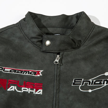 Men's Embroidered Letter Motorcycle Suit Leather Jacket