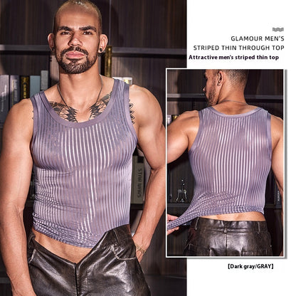 New Men's Cross-strap Striped Thin Transparent Elastic Vest