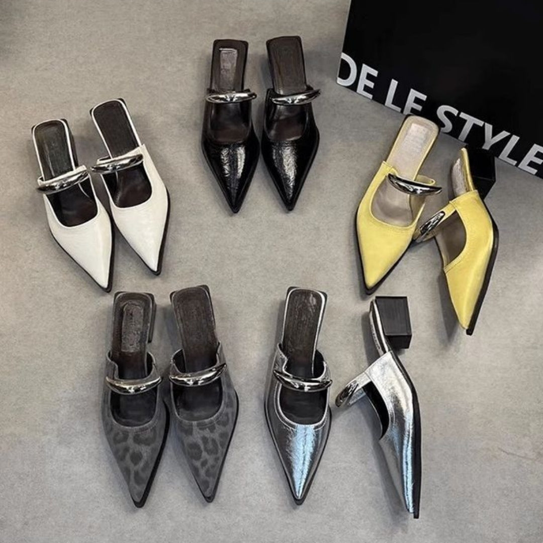 New Spring And Summer Metal Buckle French Style Slip-on Closed Toe Half Slippers For Women