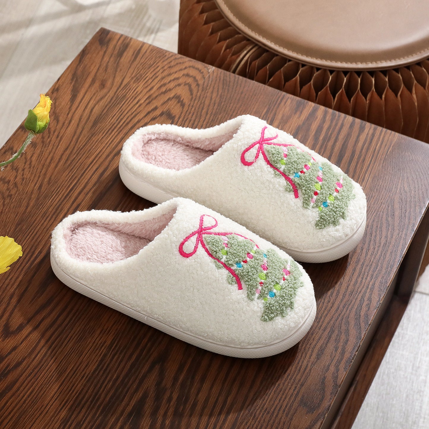 Fashion Bowknot Christmas Tree Cotton Slippers
