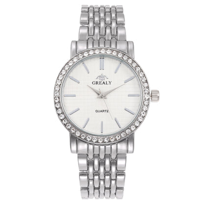 Simple Casual Quartz Watch with Steel Strap and Diamond Detailing