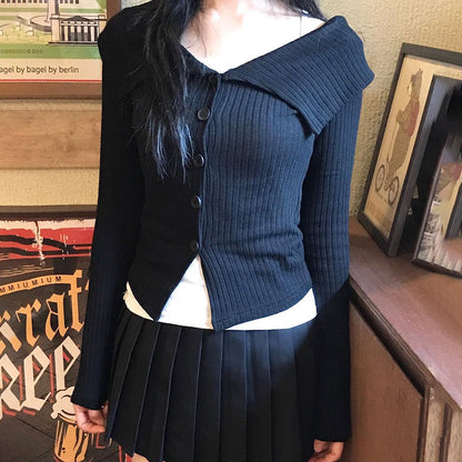 Off-Shoulder Knitted Lapel Cardigan