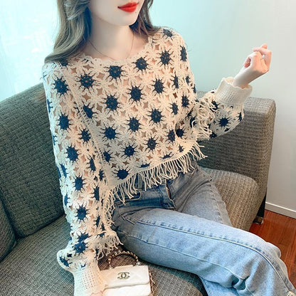 Geometric Pattern Long Sleeve Lace Pullover