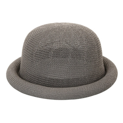 Women's Straw Yarn Curled Brim Round Crown Top Hat Leisure Basin Hat