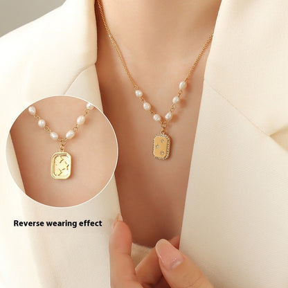 Square Inlaid Diamond Reversible Pendant Freshwater Pearl Necklace