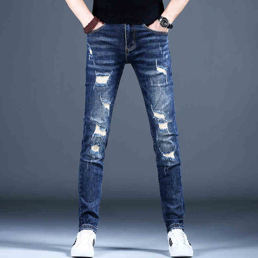 Ripped Fleece Slim-fit Stretch Jeans