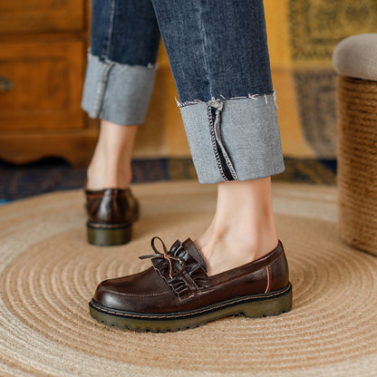 British Style Round Head Chunky Heel Small Leather Shoes For Women