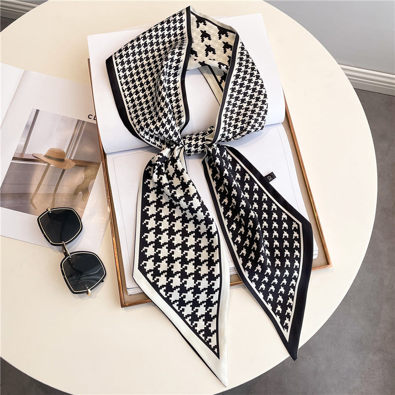Thin Houndstooth Silk Scarf - Hair Tie