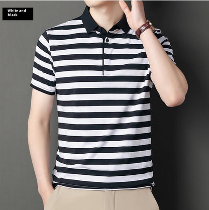 Summer Men's Cotton Ice Silk Striped Polo T-shirt