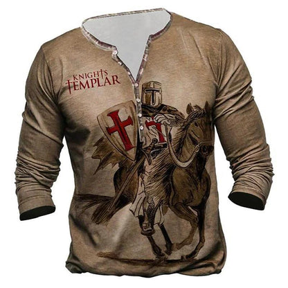 Open Placket Button Digital Print Long Sleeve T-shirt