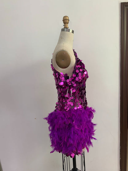 Purple Feather Sequin Dress