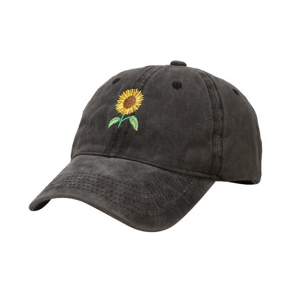 Washed-out Vintage SUNFLOWER Embroidered Peaked Cap Outdoor Travel