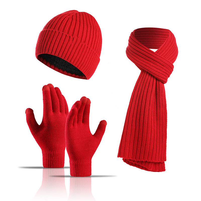 Winter Solid Color Knitted Scarf Hat Gloves Set