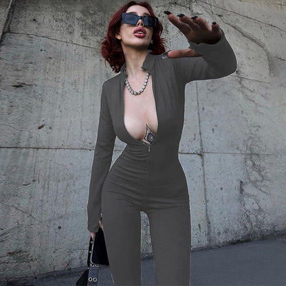 Women's Fashion Zipper Chest Slim-Fit Long-Sleeve Stretch Jumpsuit