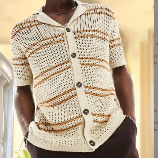 Men's Knitwear Lapel Short Sleeve Hollow Cardigan