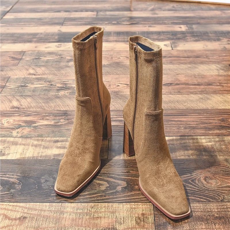 New Square Toe Fleece-lined New Chunky Heel French Boots