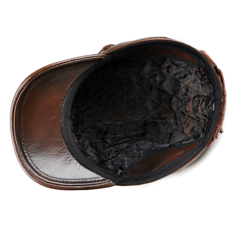 Autumn Winter Men's Genuine Leather Octagonal Cap