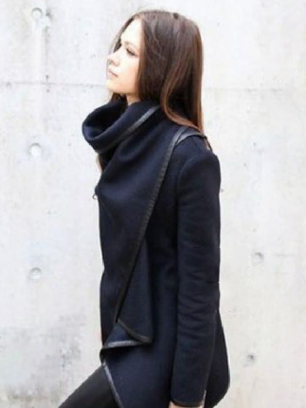 Lapel Woven Asymmetric Split Turtleneck Wool Overcoat