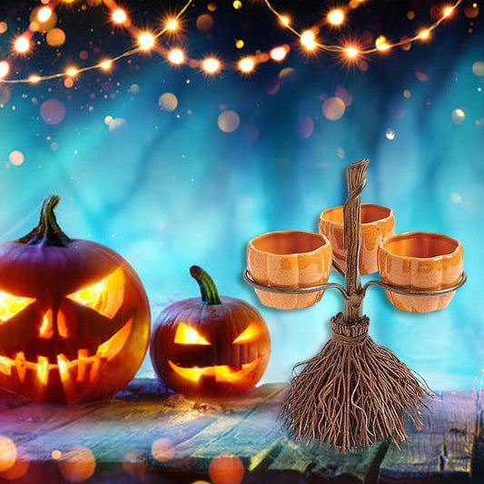 Halloween Broom Pumpkin Snack Bowl Rack Decor