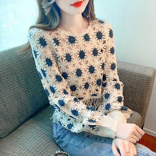 Geometric Pattern Long Sleeve Lace Pullover