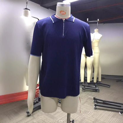 Striped Casual Stand Collar Shirt Solid Color Short Sleeve Top