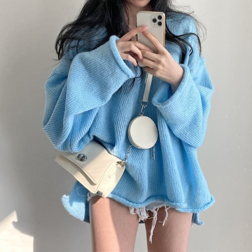 Retro V-neck Slit Pullover Sweater with Lazy Style