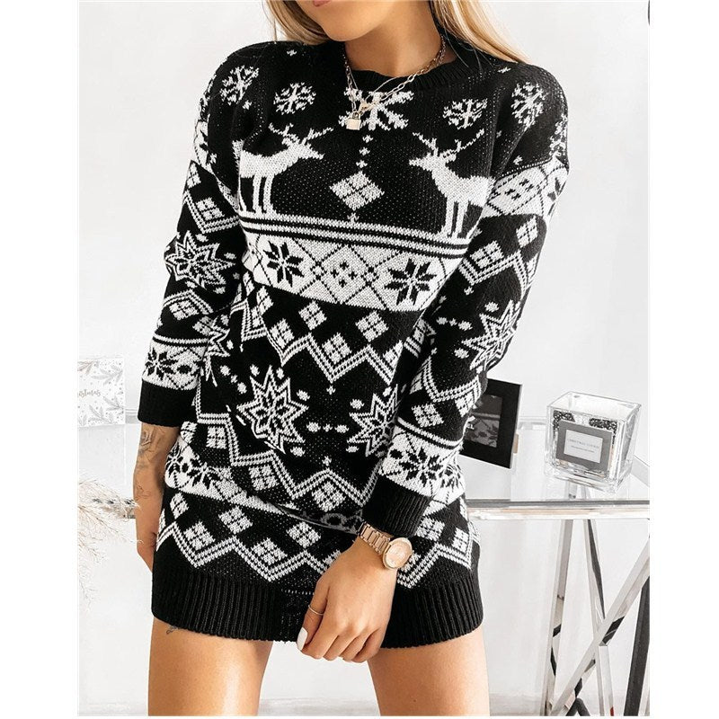 Elk Snowflake Knitted Dress, Long Sweater