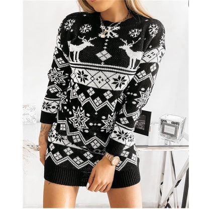 Elk Snowflake Knitted Dress, Long Sweater